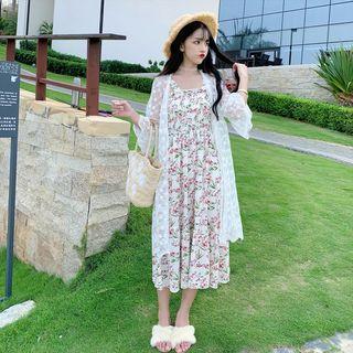 Flower Print Spaghetti Strap Midi A-line Dress / Lace 3/4-sleeve Open Front Jacket