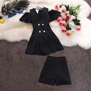 Set: Cold Shoulder Striped Short-sleeve A-line Dress + Shorts