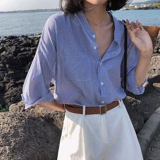 Elbow-sleeve Cutout Striped Oversized Shirt
