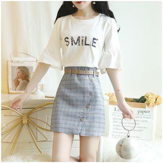 Set: Lettering Elbow-sleeve T-shirt + Plaid A-line Skirt