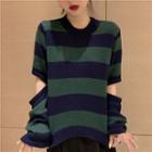 Striped Cut-out Sweater Stripes - Black & Green - One Size