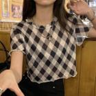 Plaid Short-sleeve Cropped Top As Shown In Figure - One Size