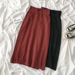Drawstring Straight-cut Midi Knit Skirt