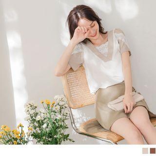 Lace Panel Short Sleeve Square Neck Top