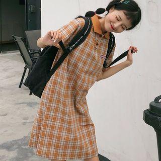 Plaid Short-sleeve Polo Dress As Shown In Figure - One Size