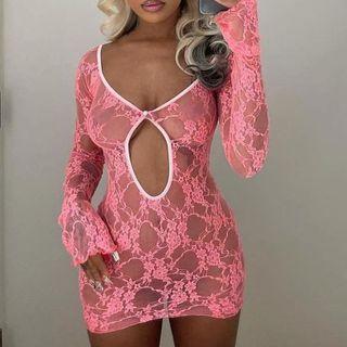 Long Sleeve V-neck Cut-out Lace Mini Dress