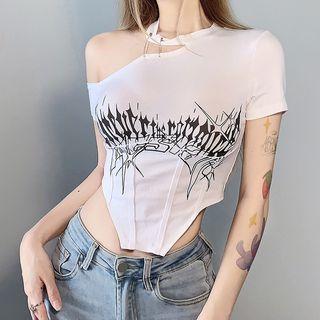 Asymmetrical Cold-shoulder Print Cropped T-shirt