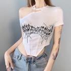 Asymmetrical Cold-shoulder Print Cropped T-shirt