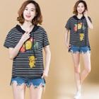 Printed Striped Hooded Short-sleeve T-shirt