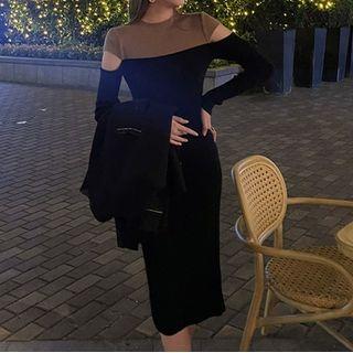 Long-sleeve Two-tone Cutout Knit Midi Sheath Dress