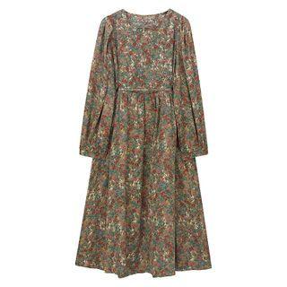 Long-sleeve Floral Print Midi A-line Dress Khaki & Red - One Size