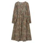 Long-sleeve Floral Print Midi A-line Dress Khaki & Red - One Size