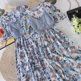 Set Of 2 : Round-neck Floral Dress + Denim Suspender Cropped Top