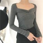Plain V-neck Slim-fit Long-sleeve Top