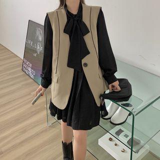 Long-sleeve Tie-neck Pleated Mini Dress / Vest