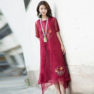 Set: Embroidered Tank Dress + Embroidered Long Light Jacket