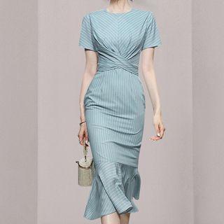 Short-sleeve Pinstriped Sheath Dress