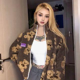 Stand-collar Bear Print Fleece Jacket