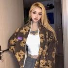 Stand-collar Bear Print Fleece Jacket