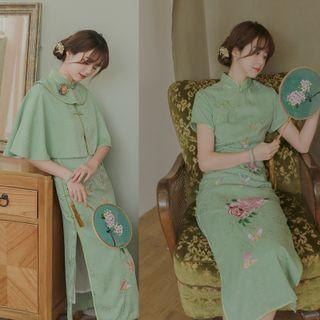 Short-sleeve Embroidered Midi Qipao Dress / Cape