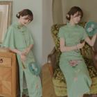 Short-sleeve Embroidered Midi Qipao Dress / Cape