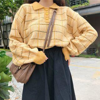Long-sleeve Plaid Knit Polo Shirt