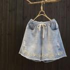 Floral Embroidered Washed Denim Shorts