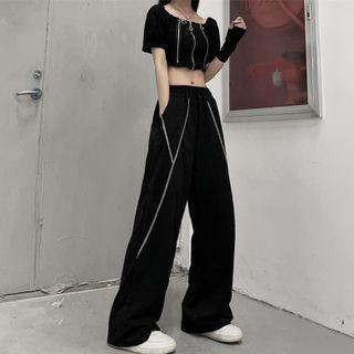 Elastic-waist Wide Leg Contrast Line Pants