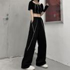Elastic-waist Wide Leg Contrast Line Pants