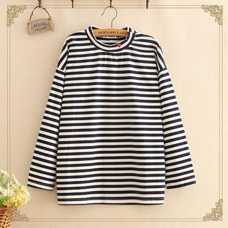 Heart-embroidered Striped Long-sleeve Top As Shown In Figure - One Size