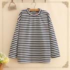 Heart-embroidered Striped Long-sleeve Top As Shown In Figure - One Size