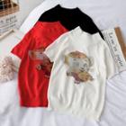 Printed Cartoon Half-high Collar Short-sleeved Knit Top