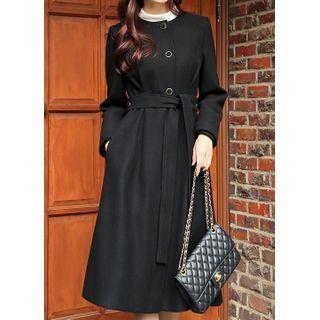 Round-neck Pleated Tie-waist Long Coat