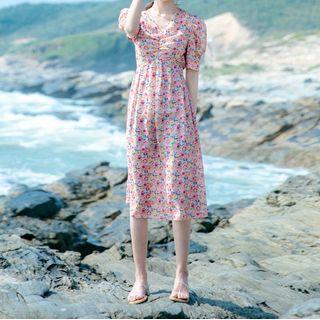 Floral Print Puff-sleeve Midi A-line Dress