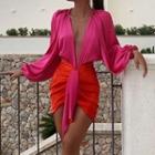 Puff-sleeve V-neck Mix-color Dress