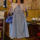 Puff-sleeve Collared Plaid A-line Dress Blue - One Size