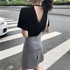 Plain Open-back Short-sleeve Top / Plain A-line Skirt