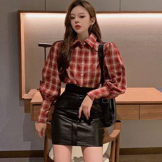 Plaid Lantern-sleeve Shirt / Faux Leather Mini Pencil Skirt