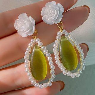 Faux Pearl Floral Drop Earring 1 Pair - Silver Needle - White - One Size