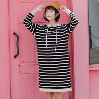 Lettering Embroidered Striped Midi Knit Hoodie Dress