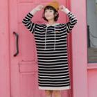 Lettering Embroidered Striped Midi Knit Hoodie Dress
