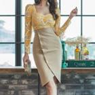 Set: Long-sleeve Lace Blouse + Asymmetric Fitted Skirt