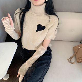 Turtleneck Heart Print Knit Top With Mittens