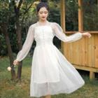 Lace Trim Long-sleeve Midi A-line Mesh Dress