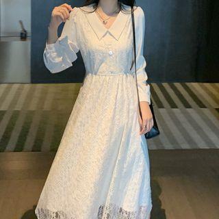 Long-sleeve Collar Lace A-line Dress