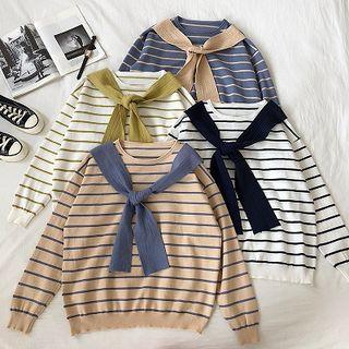 Mock Two-piece Cape Panel Striped Long-sleeve Knit Top