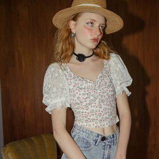 Short-sleeve Floral Knit Panel Crop Top