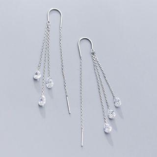 925 Sterling Silver Rhinestone Fringed Earring S925 Silver - 1 Pair - Silver - One Size