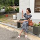 Drawstring-sleeve Floral Print Dress Navy Blue - One Size