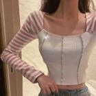 Stripe-sleeve Rhinestone Ribbed Cropped Top White - One Size